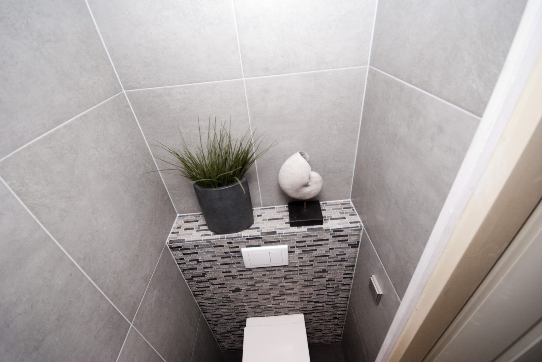 Toiletruimte met mozaïekaccent, gerenoveerd door De Badgast